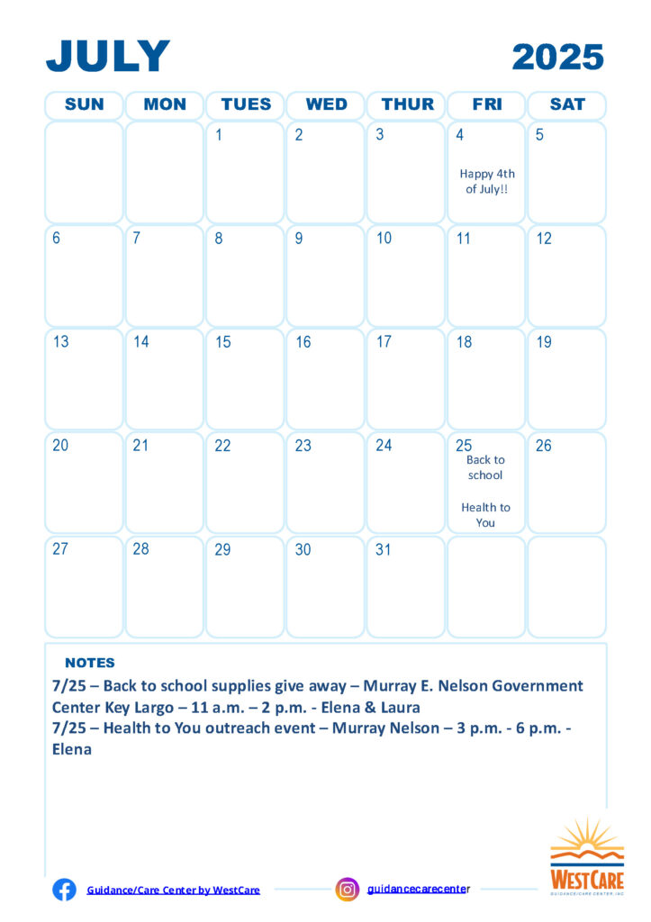 GCC WestCare July 2025 Calendar